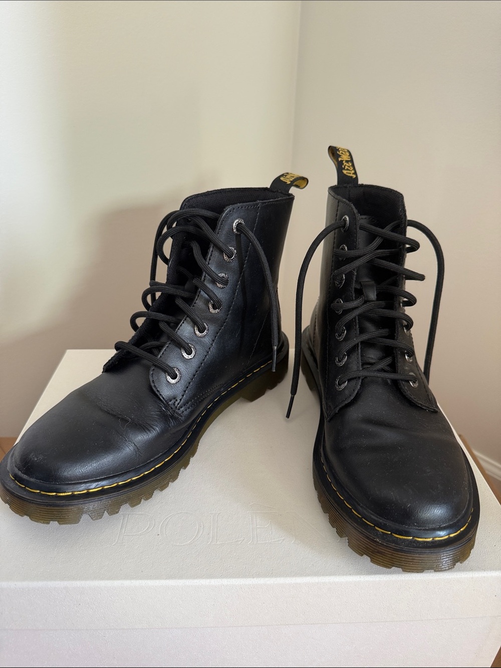 Dr. Martens Black Leather Lace-Up Ankle Boots with Yellow Stitching